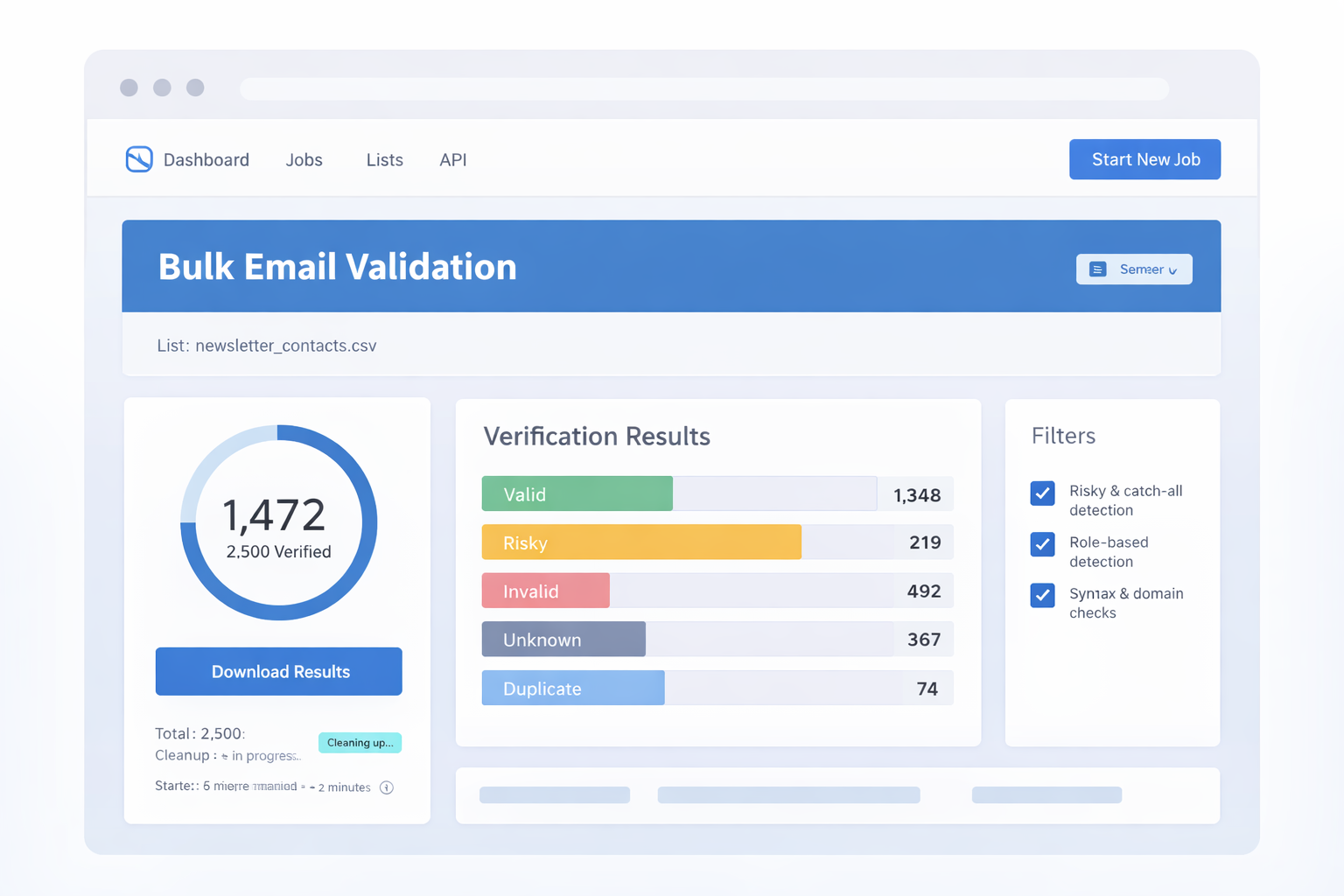Bulk email verification results and list cleaning dashboard